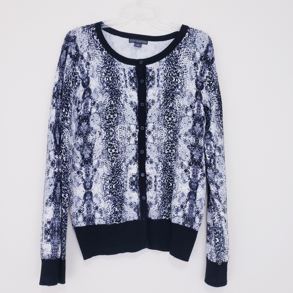 Black White Snakeskin Print Cardigan Sweater Covington Large Feminine Flirty
